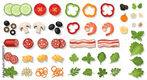 Pizza toppings ingredient set with vegetables cheese olives bacon and sausage