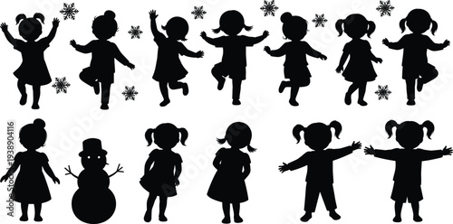 Happy kids playing in winter with snowflakes and snowman, cute children silhouette collection for holiday design, seasonal activity - flat vector illustration