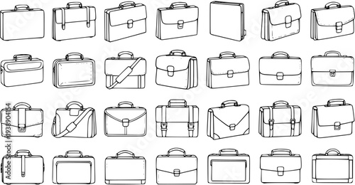 Set of various hand-drawn briefcases, sketch style business bags collection. Different professional leather portfolios and modern work bags in line art illustration.