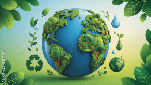 Eco friendly earth with green trees and leaves recycling symbol representing sustainability and environmental conservation on a natural gradient background