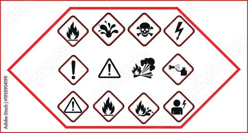 hazard safety warning symbols set, chemical danger icons collection, industrial risk signs, flammable toxic explosive alert labels, flat vector illustration
