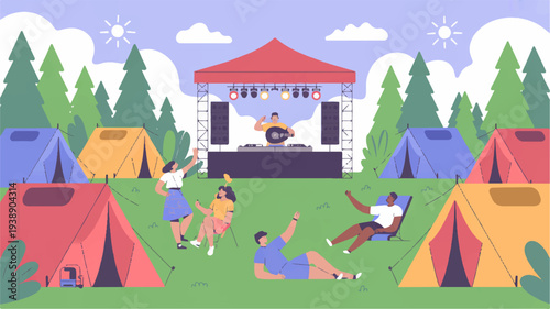 People enjoy outdoor music festival with tents in green field and trees under sunny sky