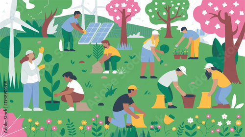 People gardening together in a vibrant park with solar panels and trees promoting sustainability and community
