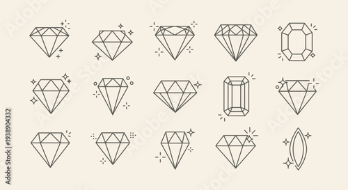 Diamond outline icon set with sparkling gem and jewelry shapes