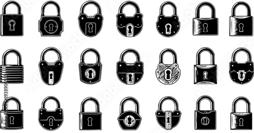 Collection of vintage and antique padlocks with diverse shapes and keyhole designs. Set of classic security locks in black and white outline style, isolated on white.