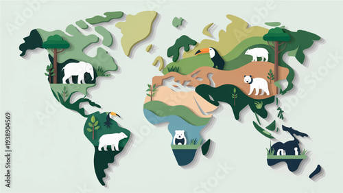 Eco friendly world map with animals and natural habitats symbolizing environmental conservation globally
