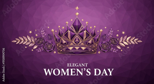 Elegant women's day celebration with purple crown and flowers on a royal background