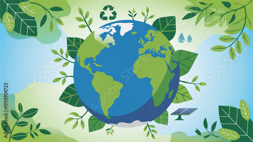 Earth surrounded by lush green leaves and recycling symbol representing eco friendly environment and sustainability