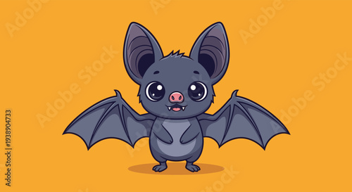Friendly cartoon bat with large ears and a smiling face standing with wings spread against a solid orange background, ideal for kids' designs.