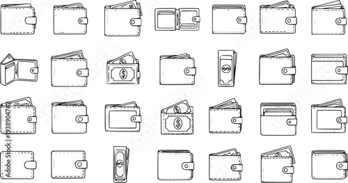 Diverse Collection of Hand-Drawn Wallets and Money Icons
