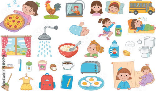 Daily Morning Routine Icon Set for Kids - Cute Children Characters with Breakfast, School Bus, and Hygiene Vector Illustration