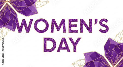 Purple textured women's day graphic with geometric flowers on white background for social media