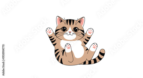 Playful brown tabby kitten with white chest lying on its back with paws in the air, shown in a cute character illustration style.