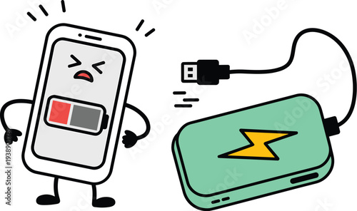 Funny Low Battery Smartphone Character and Power Bank - Cute Tech Concept Vector Illustration