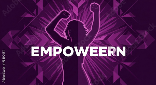 Empowerment concept with a strong person silhouette flexing muscles on a purple background with geometric patterns