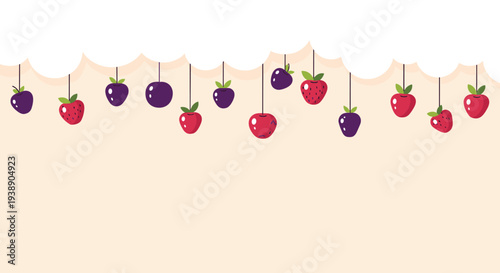 Whimsical decorative border featuring various red strawberries and purple berries hanging by strings from a fluffy white cloud shape.