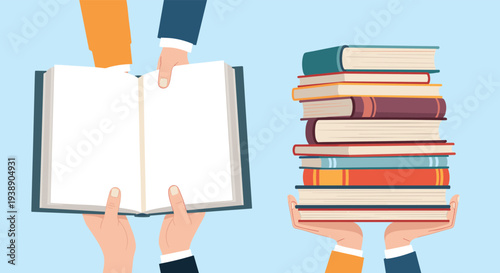 Conceptual illustration showing sets of hands holding an open blank book and a tall stack of colorful hardcover books on a blue background.