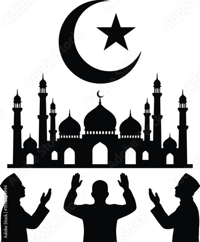 Islamic mosque silhouette vector illustration, crescent moon, star, praying people, worship scene, Ramadan, Eid celebration, tradition, culture, religion, art