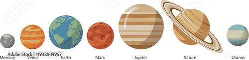Solar System Planets Flat Vector Set - Educational Illustration of Mercury, Venus, Earth, Mars, Jupiter, Saturn, and Uranus