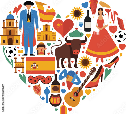 Spain Culture and Travel Landmarks Vector Illustration - Spanish Symbols in Heart Shape with Matador, Flamenco Dancer, Bull, and Flag