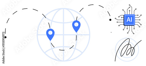 Artificial intelligence, global networks, digital security, geolocation tracking, technology innovation, automation. Globe with pins, AI chip and digital signature. Artificial intelligence