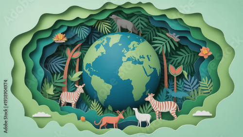 Earth surrounded by jungle foliage and animals in a layered paper cutout design with green background