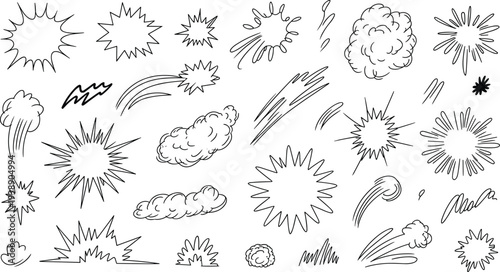Comic Book Action Element Set - Hand Drawn Doodle Explosion, Speed Line, and Smoke Cloud Vector Illustrations