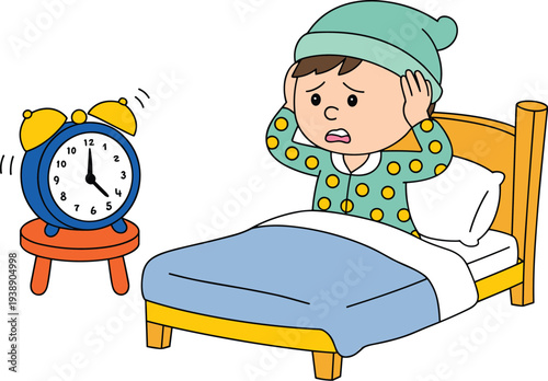 Upset Child Waking Up to Alarm Clock Illustration - Boy in Pajamas Having Difficulty Waking Up Early Concept Vector
