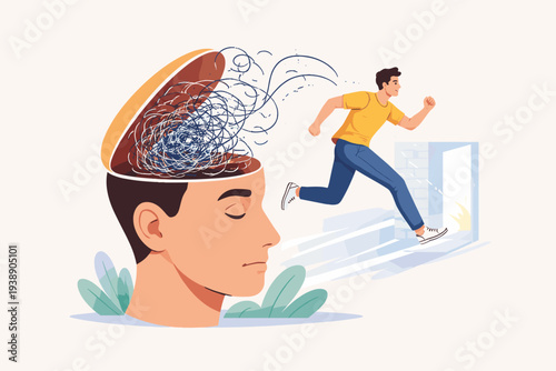 Man escaping from a cluttered and depressed mind towards a bright exit door, representing mental health recovery, freedom from anxiety, stress, and psychological chaos in a vector illustration.