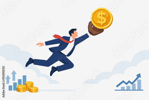 Businessman jumping to catch a large gold dollar coin with a baseball glove, representing investment opportunity, financial profit, stock market success, earning growth, and business achievement.