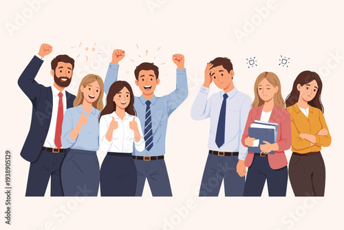 Vector Illustration of Happy and Sad Office Employees Representing High and Low Morale, Team Spirit, and Job Satisfaction. Successful Workers Cheering vs Stressed and Frustrated Colleagues.