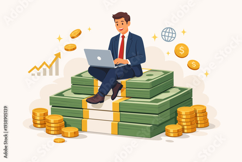 Successful Businessman Sitting on Stacks of Money Working on Laptop, High Paying Jobs and Career Growth Concept, Making Money Online, Financial Success, Wealthy Professional, Investment and Profit