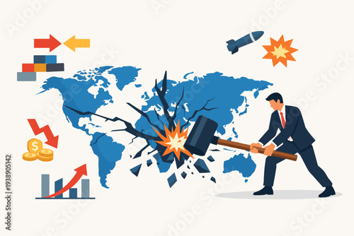 Geopolitical Conflict and Global Economic Crisis Concept with Businessman Hitting World Map with Sledgehammer Causing Cracks, Representing War Impact, Trade Wars, and Financial Instability