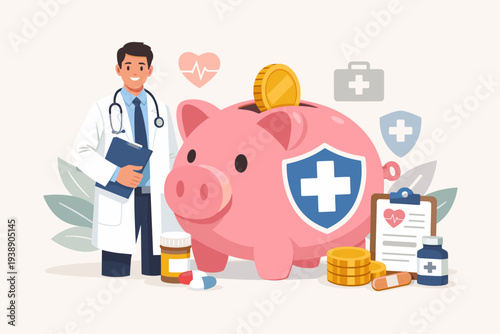 Health Savings Account HSA Concept with Doctor and Piggy Bank for Medical Expenses Financial Planning, Medicare Cost, Insurance Coverage, Healthcare Investment and Savings Vector Illustration