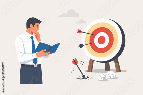 Businessman Learning from Failure and Mistakes by Analyzing Results and Reading to Improve Strategy and Practice for Future Success, Professional Man with Archery Target and Missed Arrows