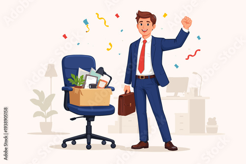 Happy Businessman Celebrating New Job Offer or Career Opportunity, Holding Briefcase with Office Supplies in Box on Chair, Concept of Employment, Recruitment, Promotion, and Professional Success.