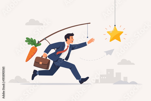 Businessman Running Towards a Golden Star with a Carrot Dangled Behind Him as an Incentive, Concept of Motivation, Reward, Ambition, and Chasing Career Success in a Corporate Environment Vector