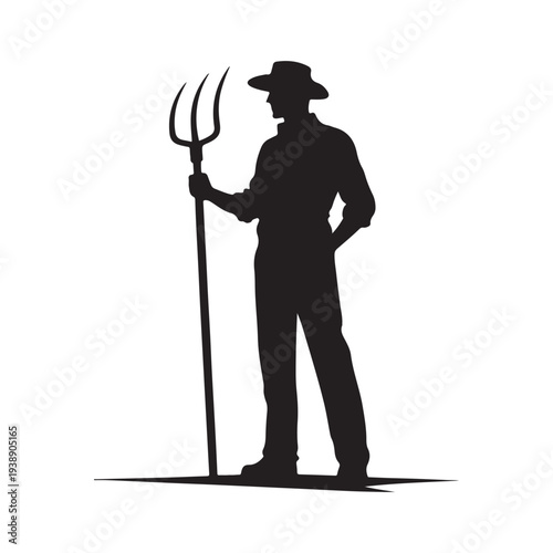 Farmer with Pitchfork Silhouette Vector Rustic Agriculture Worker Illustration Concept