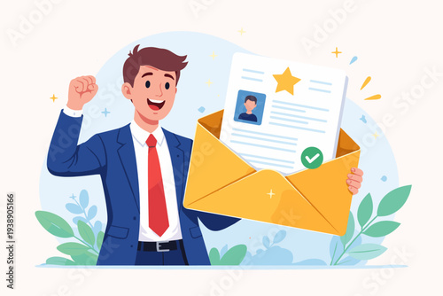 Successful Professional Man in Suit Cheering with a Recommendation Letter and CV in an Envelope, Concept for Job Application Approval, Career Growth, Recruitment, and Employment Achievement.