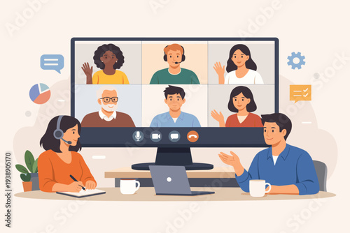 Online video conference call with diverse team members working remotely via digital chat on a large monitor for a business seminar, webinar, or collaborative remote group discussion and meeting.