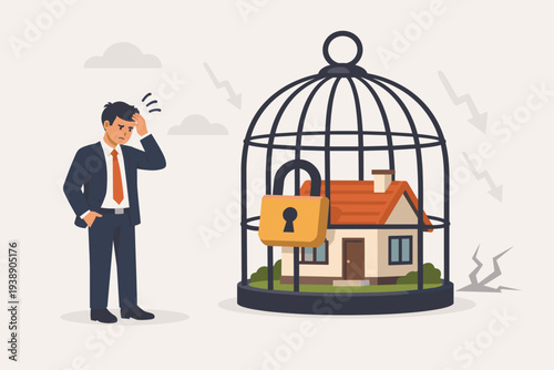 Worried Businessman Facing Mortgage Crisis and Housing Debt with House Locked in a Birdcage during Economic Recession, Financial Stress, Property Foreclosure and Real Estate Market Crash