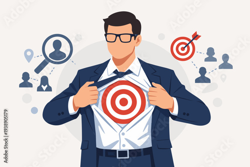 Professional businessman opening suit to reveal target symbol on chest, recruitment and headhunting concept for HR human resources finding right candidate or target audience in market vector.