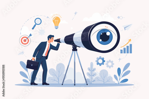 Business Vision and Strategy Concept with Businessman Looking Through Telescope for Opportunities, Career Growth, Recruitment, Market Analysis, and Future Success in Corporate World Illustration.