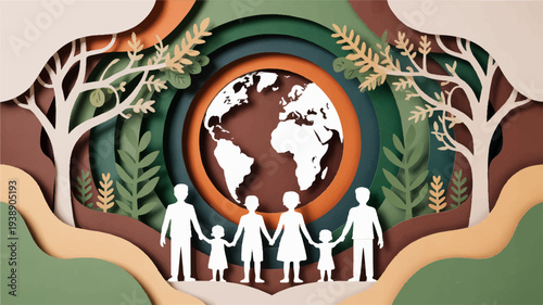 Family standing together in front of a stylized earth surrounded by trees and plants symbolizing unity and environmental awareness