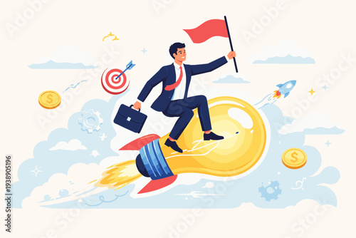 Successful businessman riding a lightbulb rocket to reach business goals, representing innovation, creative startup ideas, entrepreneurship, leadership, growth, and achievement in the sky.