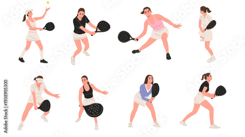 Flat vector illustration set of women playing padel or paddle tennis in different poses. Perfect for sports design, fitness content, padel club promotion, training materials, and active lifestyle 