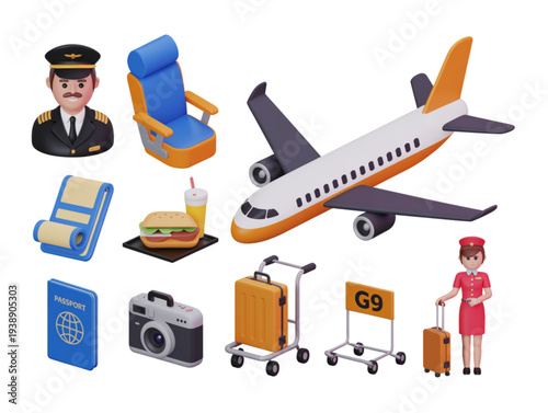 Set of 3D travel and airport icons with airplane, pilot, flight attendant, passport, and luggage