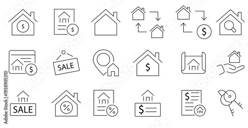 Simple Real Estate Line Icon Set. Buying, Contract, House, Office, Loan, Mortgage. Editable Stroke 50 Line Icons. stock illustration
Icon Symbol, Real Estate, Mortgage Loan, Mortgage Document, Real Es