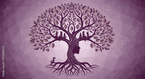 Tree of life with human face and roots symbolizing growth and connection to nature on purple background