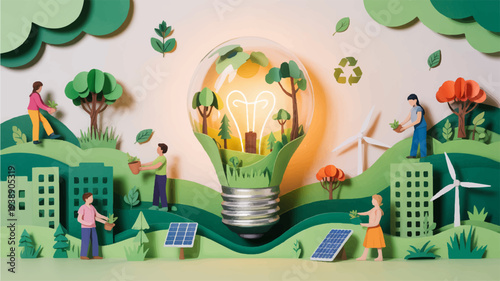 Eco friendly community with people green landscape light bulb solar panels wind turbines and sustainable living concept